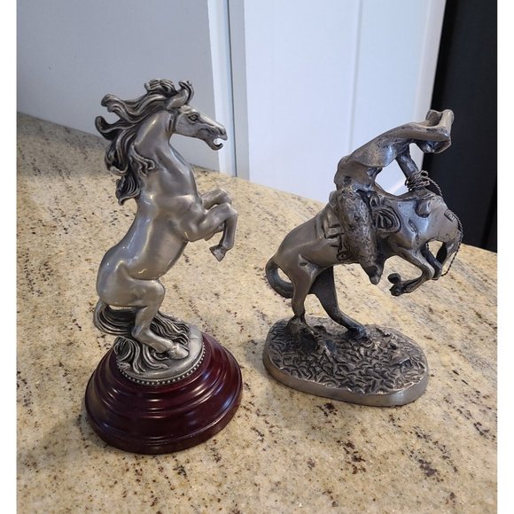 Old Cowboy on Horse & Rearing Horse Metal Statues. Set of 2